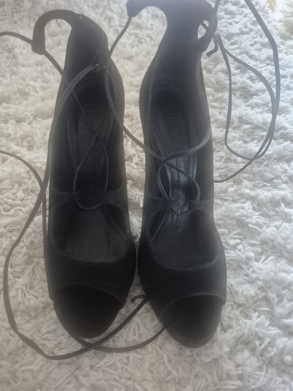 SCHUTZ Black Lace-Up Peep Toe Heels